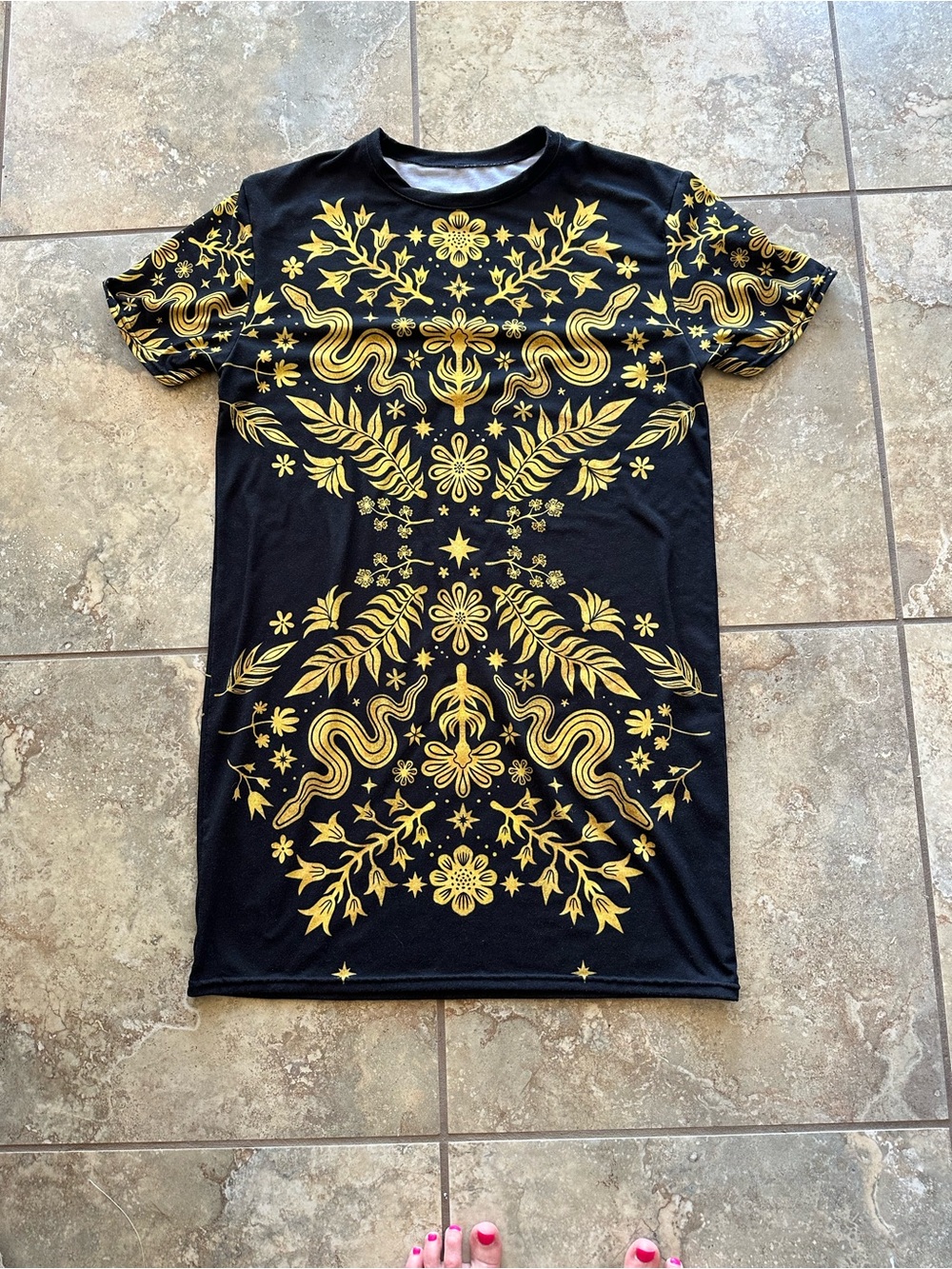 Black Tee Dress with Gold Baroque Floral & Snake Print